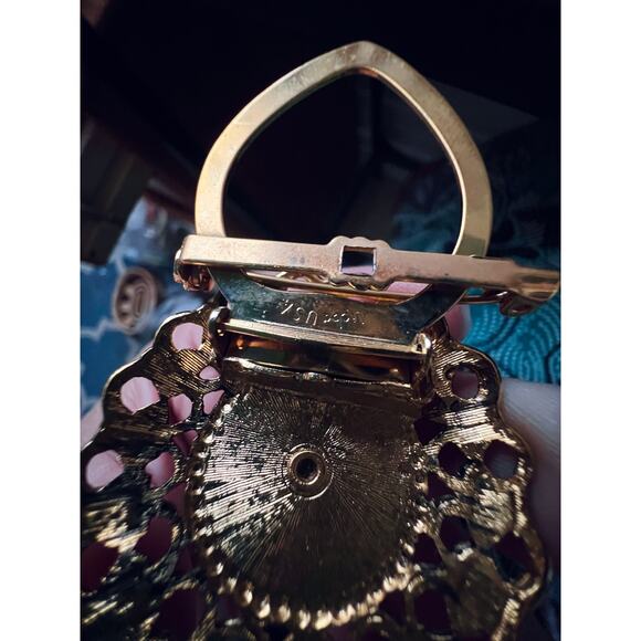 Signed Lieba Vintage Faux Turquoise Shoe Clip Brooch Gold Filigree 1970s - Picture 6 of 6